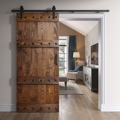 an open wooden door in a living room