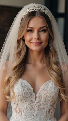 a woman in a wedding dress with a veil on her head is smiling at the camera