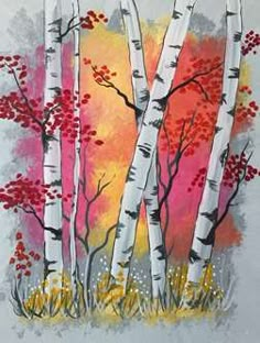 a painting of trees with red leaves on them