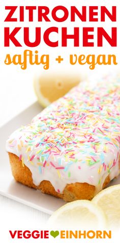 a close up of a doughnut on a plate with lemons and sprinkles