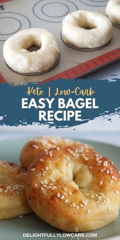 bagel doughnuts sitting on top of a plate next to a baking sheet