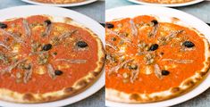 four different views of pizzas on plates with sauce and olives in the middle