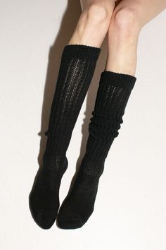 Slouchy knee high socks in a cotton/nylon blend. Thick ribbed cuff and a slim, fitted foot. Made in the USA. Available in black, heather grey, lavender, and red. Black Slouch Socks, Black Knit Socks, Casual Black One-size Knee-high Socks, Black Casual One Size Knee-high Socks, Long Black Socks, Alt Crochet, Black Stretch Knitted Knee-high Socks, Lavender And Red, Slouchy Socks