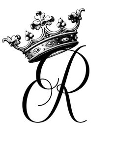 the letter r with a crown on it's head is shown in black and white