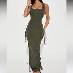 New With Tags Olive Color Elegant Fitted Midi Dress With Drawstring, Spring Fitted Maxi Dress With Drawstring, Fitted Maxi Dress With Drawstring, Elegant Spring Maxi Dress With Drawstring, Casual Ruched Maxi Dress For Party, Fitted Summer Midi Dress With Drawstring, Spring Fitted Midi Dress With Drawstring, Fitted Midi Dress With Drawstring For Summer, Casual Ruched Maxi Dress For Night Out