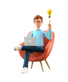 a person sitting in a chair with a laptop and lightbulb on their arm