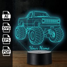 an image of a monster truck on a table with the name your name illuminated in front of it