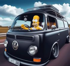 the simpsons is driving an old vw bus