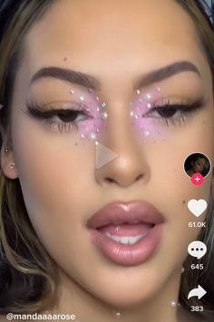 Rave Eyeshadow Looks, Rave Makeup Hooded Eyes, Rave Makeup Pink, Pink Out Makeup, Rhinestone Freckles, Sugarplum Fairy Makeup, Fun Makeup Looks To Recreate, Pink Pony Club Makeup, Pink Fairy Makeup Looks