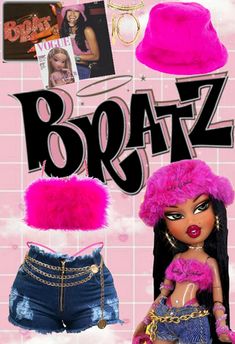 the cover of bratz magazine featuring a barbie doll with pink hair and blue denim shorts