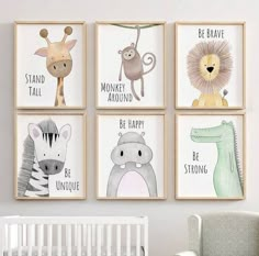 four children's wall art prints with animals and giraffes