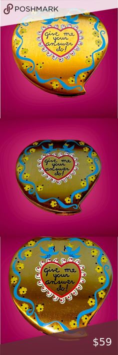 Vintage Elgin American Handpainted Heart Gold Tone Wedding Compact from 1950’s Gold Tone Wedding, Powder Compact, Blue Birds, Powder Puff, Vintage Accessories, Blue Bird, Closet Vintage, Yellow Flowers, Gold Finish