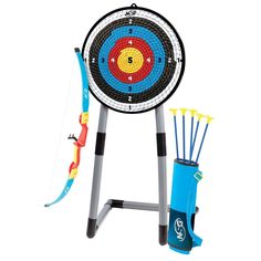 a toy archery set with an arrow and target in the center, on a white background