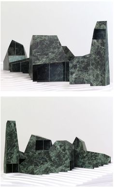 two photographs of green marble buildings on white background