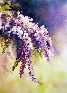 a painting of purple flowers on a branch