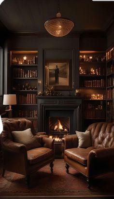 a living room filled with furniture and a fire place in the middle of a book shelf