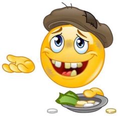 an emoticive smiley face with a hat on and money in front of it