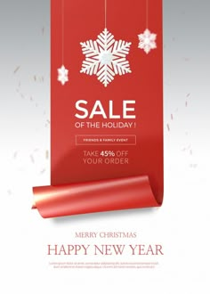 a red shopping bag with snowflakes on it and the words happy new year sale