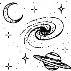 an image of the planets in space with stars and crescents around them, vintage line drawing or engraving illustration