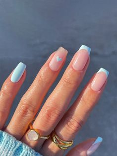 24pcs Short Square French Style Simple Heart Blue Edge False Nail Tips With 1pc Nail File And 1pc Jelly Glue Blue     Plain Color Nails   Nail,Hand & Foot Care, size features are:Bust: ,Length: ,Sleeve Length: January Nails, Casual Nails, Her Nails, Short Acrylic Nails Designs, Pastel Nails, Nail Arts