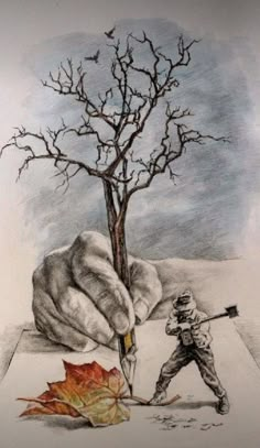 a pencil drawing of a person holding a knife next to a tree with leaves on it