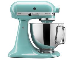 an image of a blue mixer on a white background with the words kitchen aid written below it