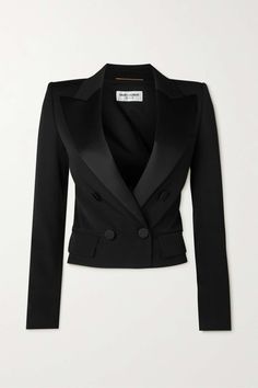 SAINT LAURENT Cropped satin-trimmed grain de poudre wool jacket | NET-A-PORTER Ysl Clothes, Crop Outerwear, Saint Laurent Clothes, Cropped Coat, Satin Blazer, Black Tweed, Trendy Fashion Outfits, Tailored Pants, Fashion Design Clothes