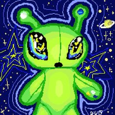 a green teddy bear with big eyes and stars in the background