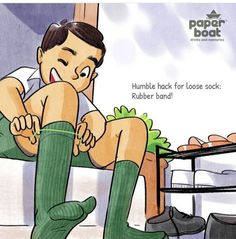 a man sitting on top of a bed wearing green socks