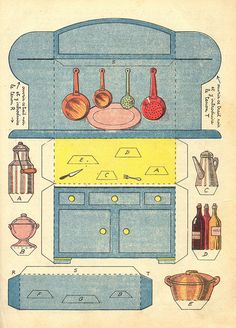 an old blue kitchen cabinet with lots of cooking utensils