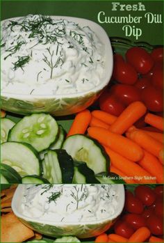 cucumber dill dip with carrots, celery and other vegetables