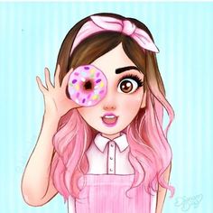 a girl with pink hair holding a donut up to her eye