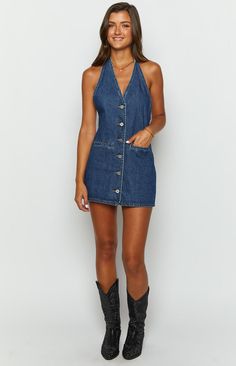 Corbin Denim Halter Neck Mini Dress – Beginning Boutique US Denim Halter Dress Outfit, Western Denim Dress Outfit, Halter Denim Dress, Country Show Outfits, Summer Vacation Denim Mini Dress, Denim Festival Outfit, Halter Neck Denim Dress, Denim Mini Dress Outfit, Cute Denim Outfits