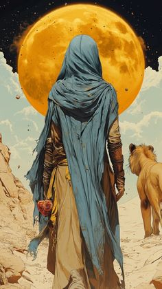 a man with a blue robe walking in the desert next to two lions under a full moon