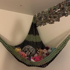 a hammock filled with stuffed animals and pictures