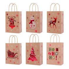 six christmas shopping bags with designs on them