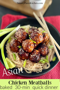 Asian chicken meatballs over noodles in black bowl. Asian Chicken Meatballs, Ground Chicken Meatballs, Baked Chicken Meatballs, Southern Chicken, Easy Asian, Asian Chicken, Game Day Snacks, Chicken Meatballs, Asian Inspired Recipes