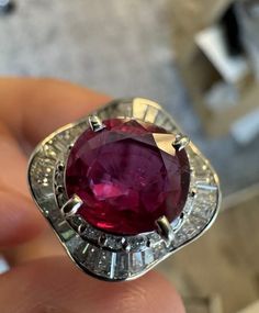 GIA Platinum Natural Gorgeous Thai Ruby & Diamond Ring 4.06tcw This stunning ring features a natural Thai Ruby, totaling 4.06 carats, ruby size 2.70ct Dia 1.36ct si1-vs G-H , set in a beautiful design with diamonds as secondary stones. The ring is made of high-quality Pt metal, with a ring size of 7.5 and an option for sizing. The theme of the ring is nature, with a beautiful red color for the main stone and a unique shape. The ring is perfect for those who appreciate fine jewelry and want a uni Ruby Diamond Ring, Ruby Diamond Rings, Ruby Diamond, Stackable Rings, Red Color, Halloween Shopping, Favorite Jewelry, Beautiful Design, Diamond Ring