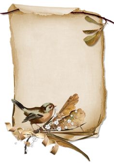 a bird sitting on top of a piece of paper with leaves and flowers around it