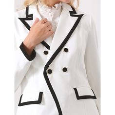 This Hobemty blazer combines casual elegance with a notched lapel collar and long sleeves. It features a fully lined interior and a double-breasted front. The contrast color panel trim adds a unique touch, complemented by flap pockets. This blazer is versatile, pairing well with wide leg pants and high heels for a formal office look. Ideal for semi-formal occasions, it can enhance outfits from formal to daily wear, making it suitable for work, meetings, and casual settings. The blazer is crafted Classic Tailored Outerwear With Contrast Trim, Classic Tailored Blazer With Contrast Trim, Elegant Collared Semi-formal Blazer, Elegant Collared Workwear Blazer, Elegant Collared Blazer For Work, Elegant Collared Outerwear For Office, Classic Fitted Blazer With Contrast Trim, White Blazer With Button Closure And Suit Collar, Spring Single Button Tuxedo Blazer