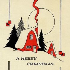 a merry christmas card with a house and trees