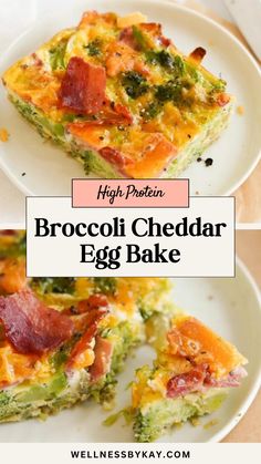 broccoli cheddar egg bake on a plate with bacon and cheese