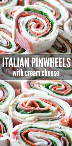 italian pinwheels with cream cheese and spinach on top are shown in two different views