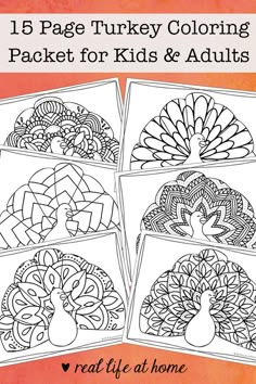 turkey coloring pages for kids and adults with text overlay that reads, 5 page turkey coloring packet for kids & adults