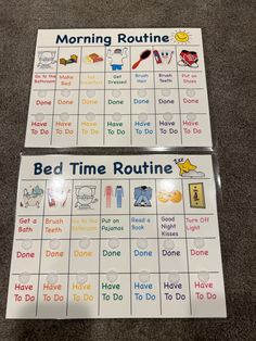 two game boards with words and pictures for bed time routine written on them, sitting on the floor