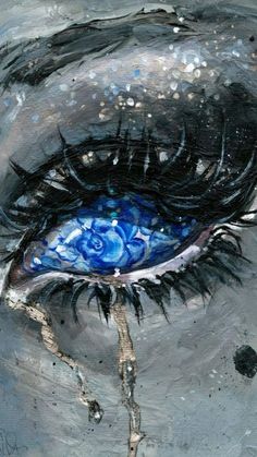 a painting of an eye with blue and white flowers on it's irise