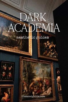 the cover of dark academa, with paintings on the wall and below it