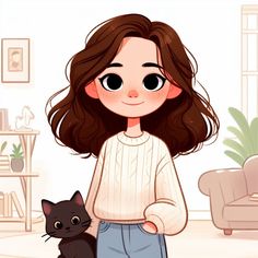 a girl is holding a black cat in her hand while standing next to a couch