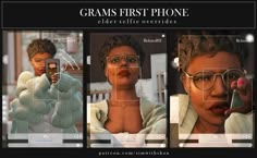 three images of a woman wearing glasses and holding a cell phone to her face, with the captiongrams first phone clearly visible