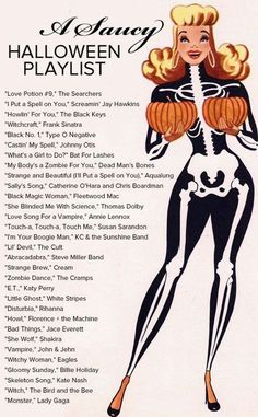 an advertisement for a halloween playlist with a woman in skeleton costume holding pumpkins